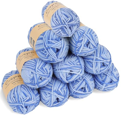 Coopay Wolle zum Häkeln, Farbverlauf Häkelgarn 10x45g, Wolle zum Stricken, Weiche Bunt Milchfaser Baumwolle zum Häkeln, 5-Fädig, Schöne Häkelwolle für Schal, Socken, Babykleidung, Puppe - Himmelblau