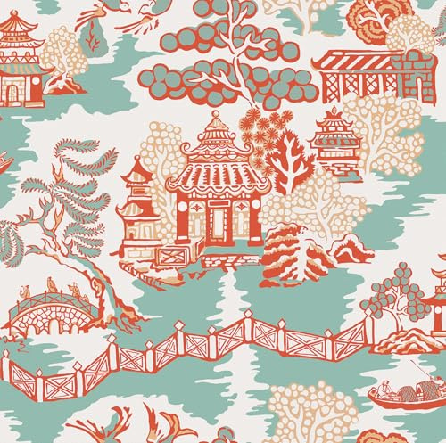 ReWallpaper Tapete Selbstklebend Vintage Landschaft Chinesischer Möbelfolie Rot Blau für Tür Schublade 44.5CMx3M Abnehmbar Wandtapete Kinderzimmer Treppenwand Vinyl Folie Selbstklebend Muster