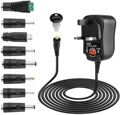 12W Universal Power Adapter 3V 4.5V 5V 6V 7.5V 9V 12V AC DC Power Supply with 8 Selectable Adapter Plugs for Household Electronics Router LED Strip Lights CCTV IP Camera TV-Box Speakers, 1000mA Max
