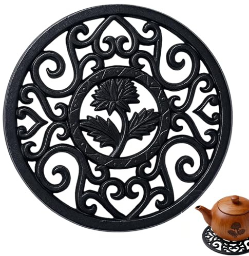 11.5Cm Teapot Stand, Retro Pattern Cast Iron Trivet, With Three Pegs | Wear Resistant Circular Teapot Holder, for Kitchen Worktops, Hot Pans and Table Heat Protection