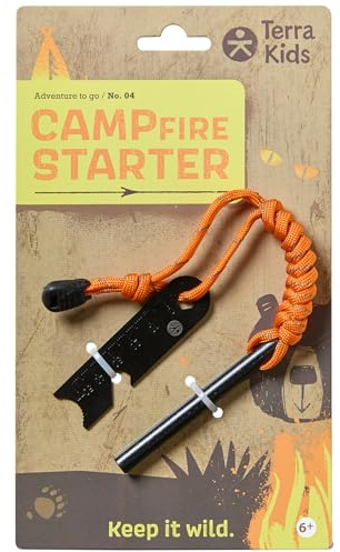 HABA Terra Kids Feuerstahl – Outdoor-Feuerstarter für Kinder ab 6 Jahren – Robustes Firestarter-Tool für Camping & Bushcraft – Funkenflug-Set mit Abzieher & Kordel – 2013654001