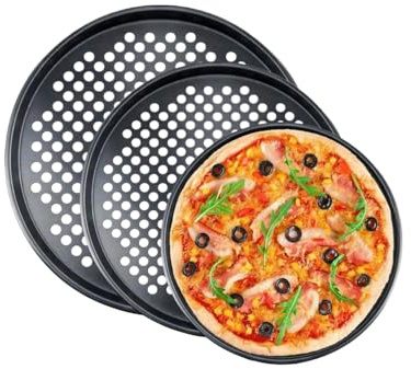 Ymswjgj Juego de 3 bandejas redondas para pizza y pizza, resistentes al calor, bandeja para pizza y bandeja perforada, antiadherente, de acero al carbono, diámetro de 32 cm, diámetro de 29 cm