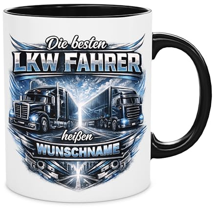 optional mit Grußkarte - Personalisierte LKW Fahrer Tasse mit Namen – Die besten LKW Fahrer heißen Wunschname – Kaffeetasse 300 ml, beidseitig bedruckt (schwarz)