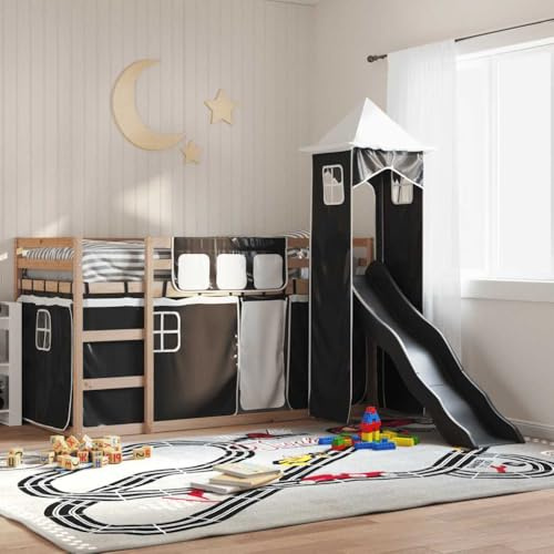 Owoxanthellate Owox Bunk Bed with Slide & Curtains, Pine Loft 90x190 cm, Anthracite Slide, Black/White Tents, 195.5x97.5x113 cm
