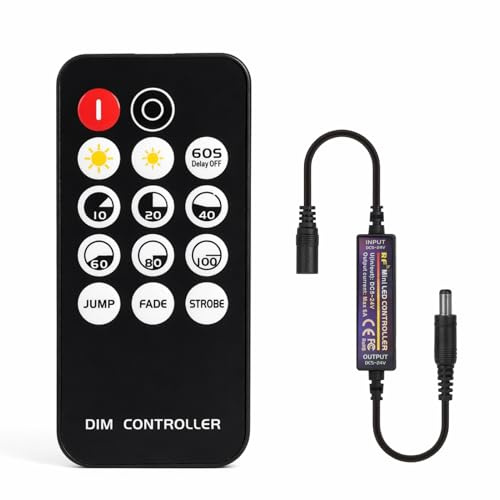 14 Tasten Mini HF Dimmer Controller für Einfarbige LED Streifen – Drahtloser Dimmer Schalter für FCOB 3014/5630/5730/3528 – DC5V/12V/24V – Effektmodus (Sprung, Fade, Strobe) – RF Fernbedienung