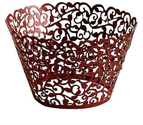 AKA® Little Flower Vine Lace Laser Cut Cupcake Wrappers Wraps Liners Baking Cup Muffin Case Trays Wedding Birthday Party Decoration (25pcs, Wine Red)