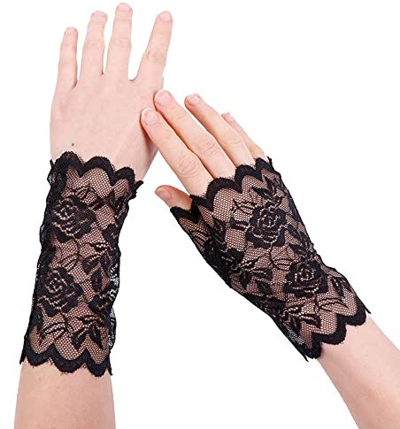 MINGZE Spitzen Handschuhe, Frauen Handgelenk Länge Halbe Fingerhandschuhe, Sexy Braut Hochzeit Blumenspitze Fingerlose Handschuhe UV Schutz Kostüm Handschuhe (Schwarz, Fingerlos)
