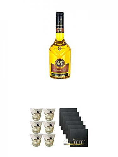 Licor 43 Cuarenta y Tres Likör 0,7 Liter + Licor 43 Orochataglas ohne Eichstrich 6 Stück + Schiefer Glasuntersetzer eckig 6 x ca. 9,5 cm Durchmesser