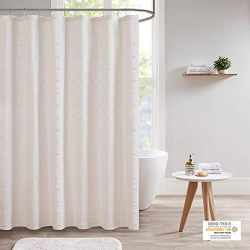 Urban Habitat Brooklyn Cotton Fabric Shower Curtain Jacquard Pom Machine Washable Shabby Chic Modern Home Bathroom Décor Bathtub Privacy Screen, 70 x 72, Ivory