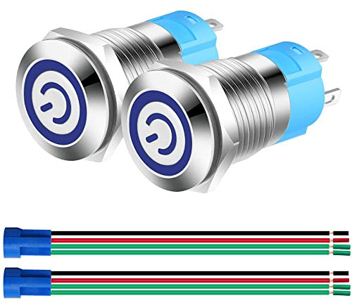 Gebildet 2Piezas 12mm Enclavamiento Pulsador de Botón Interruptores Acero Inoxidable Impermeable Plana Top, Normalmente Abierto SPST ON/Off 12V-24V 3A Pulsador con Enchufe de Cable(LED Azul)