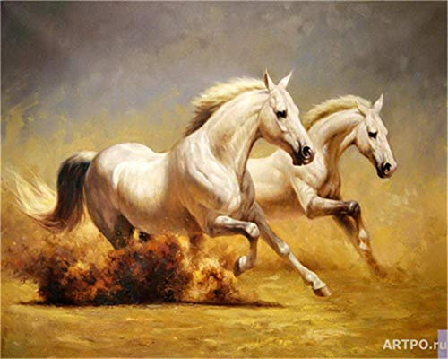 YEESAM ART DIY Ölgemälde Malen nach Zahlen Erwachsene Kinder, Weiß Pferde Wüstensturm Zahlenmalerei ab 5 Öl Wandkunst (Weiß, mit Rahmen)