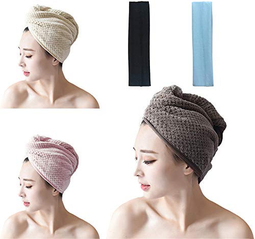 YOFASEN Turban Handtuch - Kappe für Trockenes Haar Mikrofaser Korallenrote Fleece Haar Turban mit Knopf Schnell trocknend Haarhandtuch und Haarbänder, Set 6 (Beige+Rosa+Braun)