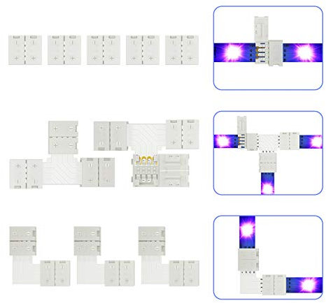 SHINELINE LED Strip 4 Pin Connector 10PCS, 10mm Gapless Adapter for RGB SMD 5050 RGB Multicolor LED Strip Lights 12V-24V Include 5X Line Connectors, 3X L Shape Connectors, 2X T Shape Connectors