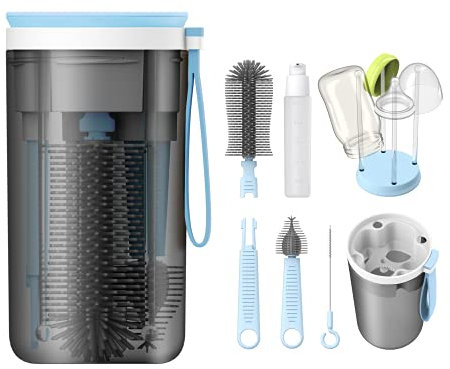 YOTIME Reise Baby Flaschenbürsten Set, mit Flaschenbürste Silikon, Reinigungsbürste für den Nippel, Strohhalmbürste, Seifenspender für Flaschen und Trockenständer Babyflaschen, BPA-frei, Blau