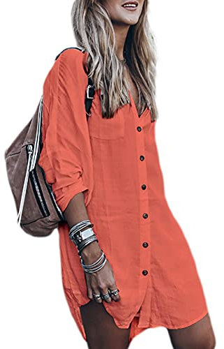 Bsubseach Long Sleeve Bikini Cover Up for Women Loose V Neck Swimwear Button Down Beach Shirt Tunic Dress Bright Orange