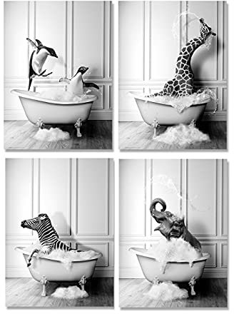 JingHengone Tier Schwarz Weiß Wand Kunst Drucke Elefant Zebra Pinguine Giraffe Badewanne Leinwand Malerei Poster Nordisches Badezimmer Wohnkultur (Size (Inch) : 8x12inchx4 no Frame)
