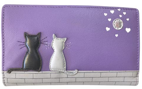 Mala Leather Midnight Cats Appliqué Bifold Damen Leder Geldbörse - Echtes weiches Leder Katze Geldbörse mit Geschenk Staubbeutel - 9 Kartenfächer RFID Schutz Stil Ideales Katzenliebhaber Geschenk