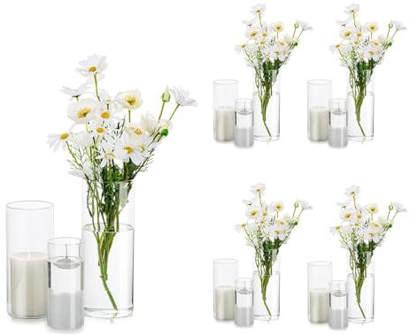 Deko Vase Glas Zylinder Tischdeko: Glasseam 4 Satz Blumen Vasen Set Modern Glasvase Rund Glaszylinder Blumenvase Tulpenvase Tischvase Fuer Hochzeit Wohnzimmer Tulpen Rose, 15/20/25cm Hoch