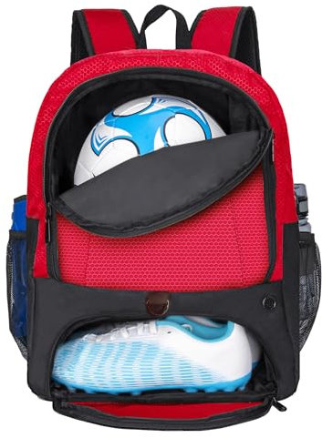 Rudmox Fußballtasche-Rucksack für Basketball, Volleyball mit Stollenschuhen und Ballfach und innenliegende Laptoptasche für Reisen, Fitnessstudio, Wandern, Sportverein (rot)