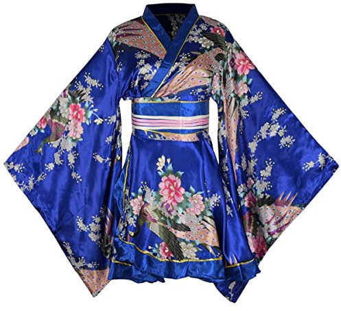 Japanischer traditioneller kurzer Kimono-Kostüm für Damen, Blumenmuster, sexy Yukata-Geisha-Bademantel, Nachtwäsche, Robe, Gürtel, Outfit, S27, Königsblau, Large