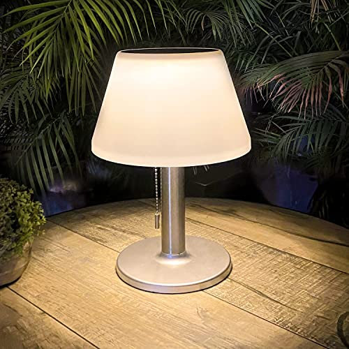 Solar LED Tischlampe Dimmbar mit Zugschalter, Edelstahl Kabellos Tischleuchte Akku 3 Beleuchtungsmodi Außen Wasserdicht Solar-Schreibtischlampe für Innen Schlafzimmer Wohnzimmer Terrasse Garten Cafe