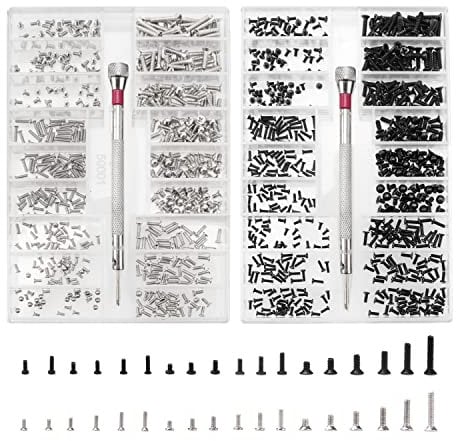 YIXISI 1000 Pezzi Kit di Strumenti di Riparazione Micro Viti, Viti Minuscole in Acciaio Inossidabile con Cacciavite, M1.2 M1.4 M2 Kit di Viti di Ricambio, Argento e Nero