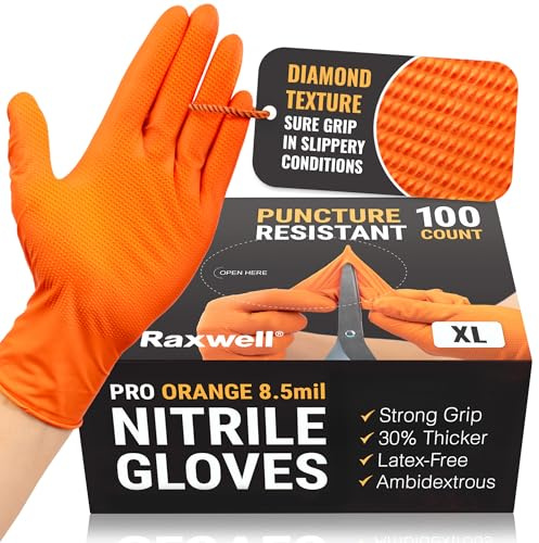 Raxwell Nitrile Gloves - Orange Diamond Grip 8.5 Mil Heavy Duty Gloves - Latex Free, Chemical & Puncture Resistant for Mechanics - Diamond Textured for Grip - X-Large - 100 Count