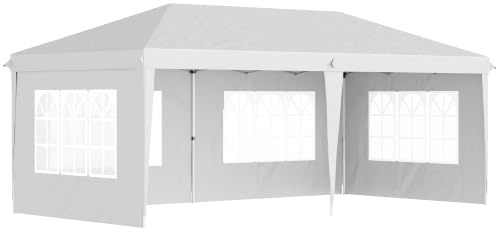 Outsunny Carpa Plegable 3x6 m Pop-up 4 Laterales Desmontables Blanco | Cenador de Jardín, 4 Ventanas Visibles, Bolsa de Transporte, Impermeable, Anti-UV, Gazebo para Camping Fiestas Exterior