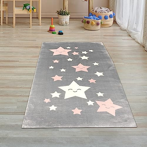 Teppich-Traum Teppich-Läufer Kinderzimmer weich rosa weiß Sternen in anthrazit 80x150 cm