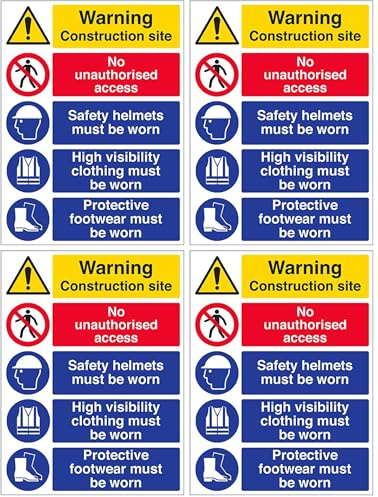 VSafety Multi Hazard Site Safety High Viz Warning Sign - Portrait - 300mm x 400mm - Self Adhesive Vinyl (Pack of 4)