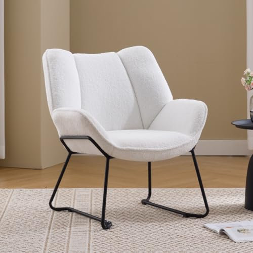 chairus Kunstfell Loungesessel für Wohnzimmer Balkon Modern Gepolstert Polsterstuhl Relaxsessel mit Metallbeinen (Weiß)