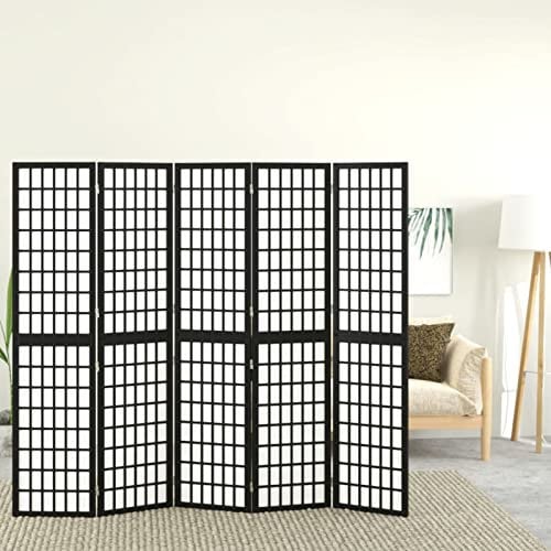 LAPOOH 5-TLG. Paravent Japanischer Stil Faltbar, Spanische Wand Raumteiler, Raumtrenner, Trennwand, Mobile Umkleidekabine, Zimmertrenner, Faltwand, Abtrennung Schlafzimmer, 200x170 cm Schwarz