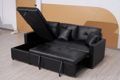 Black Bonded Leather Sofa Bed With Storage - L Shaped 3 Seater pull Out For Living Room Furniture - Convertible Click Clack (LEFT HAND SIDE)