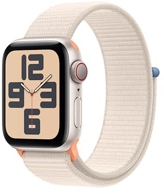 Apple Watch SE (2. Generation, 2023) (GPS + Cellular, 40 mm) Smartwatch mit Aluminiumgehäuse und Sport Loop Armband in Polarstern. Fitness- und Schlaftracker, Herzfrequenzmesser, CO₂ neutral
