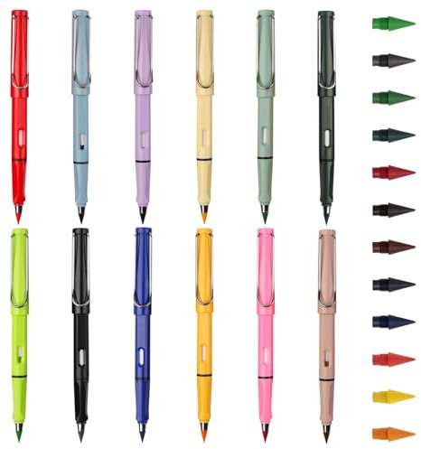 Neikafan Everdraw Bleistift 12 Stück Ewiger Bleistift mit 12 Ersatzspitzen Endlos Bleistift mit Radierer Bleistift Ohne Anspitzen Wiederverwendbar für Erwachsene Studenten Künstler(Bunt)