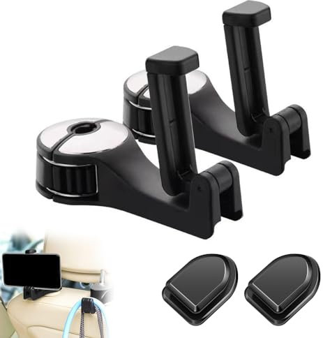 2 Stück Handyhalterung Versteckter Haken+2 Stück Selbstklebender Autohaken, Auto Kopfstützen Haken, 2 in 1 Autositzhaken mit Handyhalterung mit Handyhalterung, für Tasche, Handy, Lebensmittel, Silber