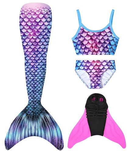 EUKSRH Meerjungfrauenflosse Mädchen Meerjungfrauenschwanz für Kinder Schwimmen mit Meerjungfrau Flosse und Bikini Set（4 Stück Set）