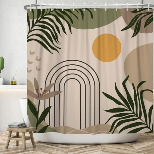 ASDCXZ Boho Duschvorhang 240x180 cm, Modern Abstrakt Boho Style Grün Blätter Orange Sonne Khaki Beige Bad Waschbar Duschvorhänge Polyester Textil Wasserdicht Badevorhang für Badewanne mit 12 Haken