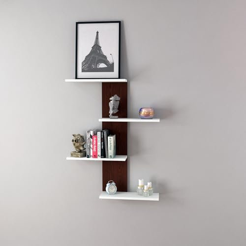 [en.casa] Scaffale da Parete Libreria Moderna da Muro con 4 Ripiani a Scaletta Consolle Pensile da Soggiorno 78 x 17 x 100 cm - Wengè/Bianco