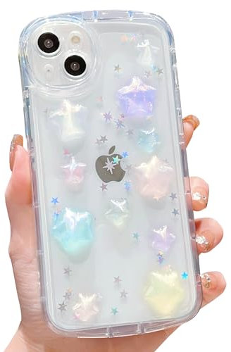 HZLFCZL Compatible with iPhone 15 Plus Case cute cartoon glitter 3D color stars crystal clear pattern design aesthetic kawaii transparent sparkly Phone Case for women girls-Color Stars