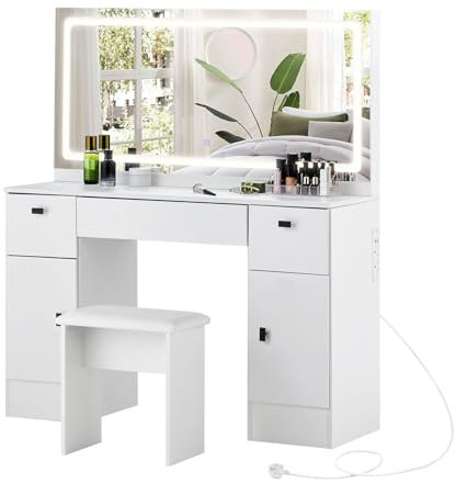 CLIPOP Bedroom Dressing Table Set with LED Mirror and Stool and Charging Station, Mirrored Vanity Table with 3 Drawers and 2 Storage Cabinet White Makeup Desk for Women Gift 117 x 40 x 135 CM