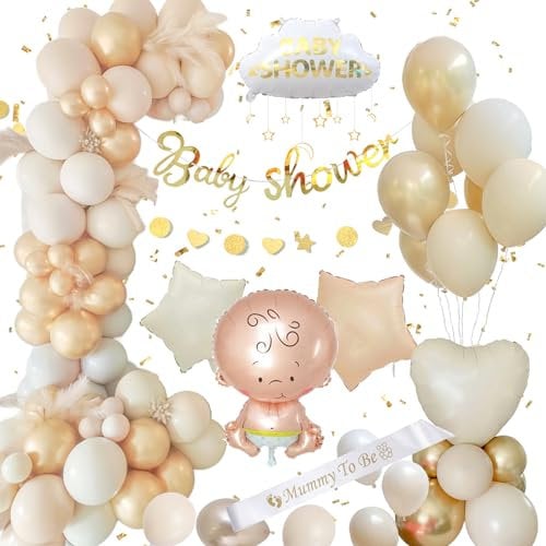 BabyParty Deko, Baby Shower Deko Neutral Mädchen Junge, Beige Oh Baby Deko Baby Luftballons, Gender Reveal Deko, Babyparty Ballon für Baby Shower Deko Boy Girl