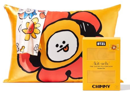 BT21 x Kitsch Satin-Kissenbezug mit Reißverschluss, weicher als Maulbeerseide-Kissenbezüge, Standardgröße, 1 Stück, kühlender Kissenbezug für Haare, Hautgesundheit und Schönheitsschlaf, 48,3 x 66 cm,