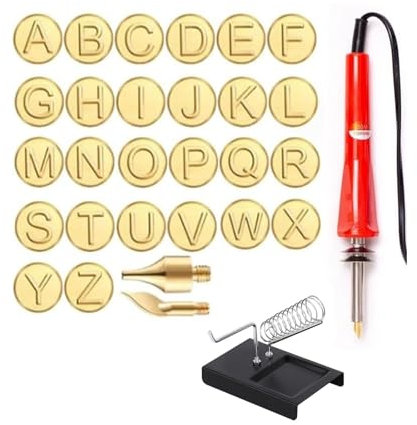 BARASH Wood Burning Tool With Soldering Iron Stand DIY Wood/Leather Burning Set, Copper Mold DIY Wood Burning/Carving Set, Letter Soldering Iron Stencils Wood Burning Kit (Color : Red-28 Pieces)