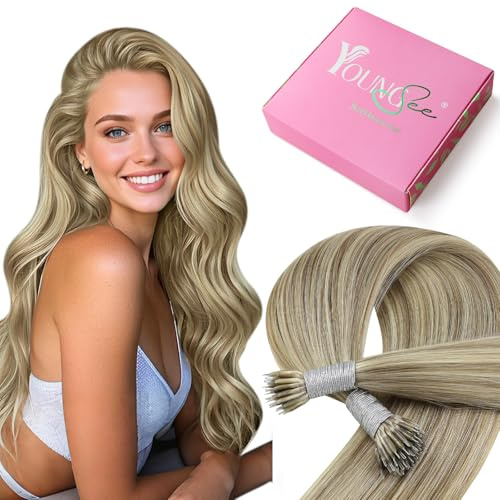 YoungSee Nano Hair Extensions Real Human Hair 24inch Nano Beads Hair Extensions Highlight Light Brown and Platinum Blonde Nano Ring Extensions for Salon Lightweight 50s Cold Fusion 50g Long Straight