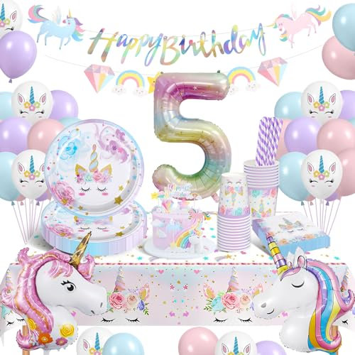 YIMAKJ Einhorn Partygeschirr Set, 5 Jahre Einhorn Geburtstag Party Geschirr, 5 Jahre Mädchen Party , Einhorn Luftballon Pappteller Tassen Servietten Tischdecke für Party Kindergeburtstag Deko 16 Gäste