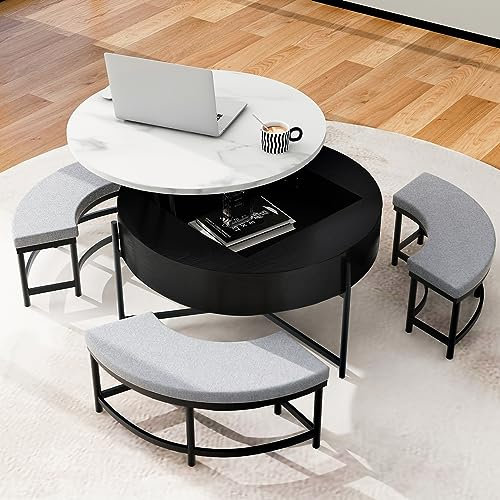 PRUJOY Table Basse Ronde Moderne de 31,5 po avec Rangement, Table de Cocktail Centrale relevable avec 3 poufs, Dessus en Imitation marbre, Pieds en métal