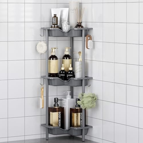 Oriware Porta Sapone per Doccia, Mensola Doccia Senza Foratura, Scaffale Angolare da Terra, Scaffale Bagno (Grigio, 3 Tier)