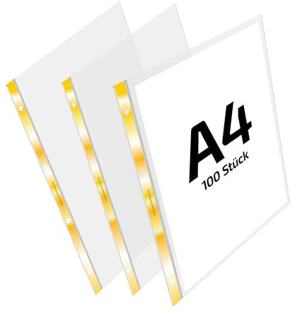 REIF Hamburg 17330 Prospekthüllen A4, 100 Stück aus PP glasklar Stärke 0,080 mm, Dokumentenhülle mit goldenem Verstärkungsstreifen, dokumentenecht, Made in Germany