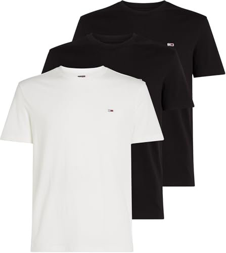 Tommy Jeans Men’s 3 Pack Short Sleeve Cotton T-Shirts, Multicolor (Ecru/Black/Black), L